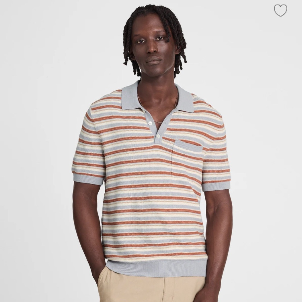 Madewell Three-Button striped Sweater Polo in Cotton-Linen Blend blue rust white